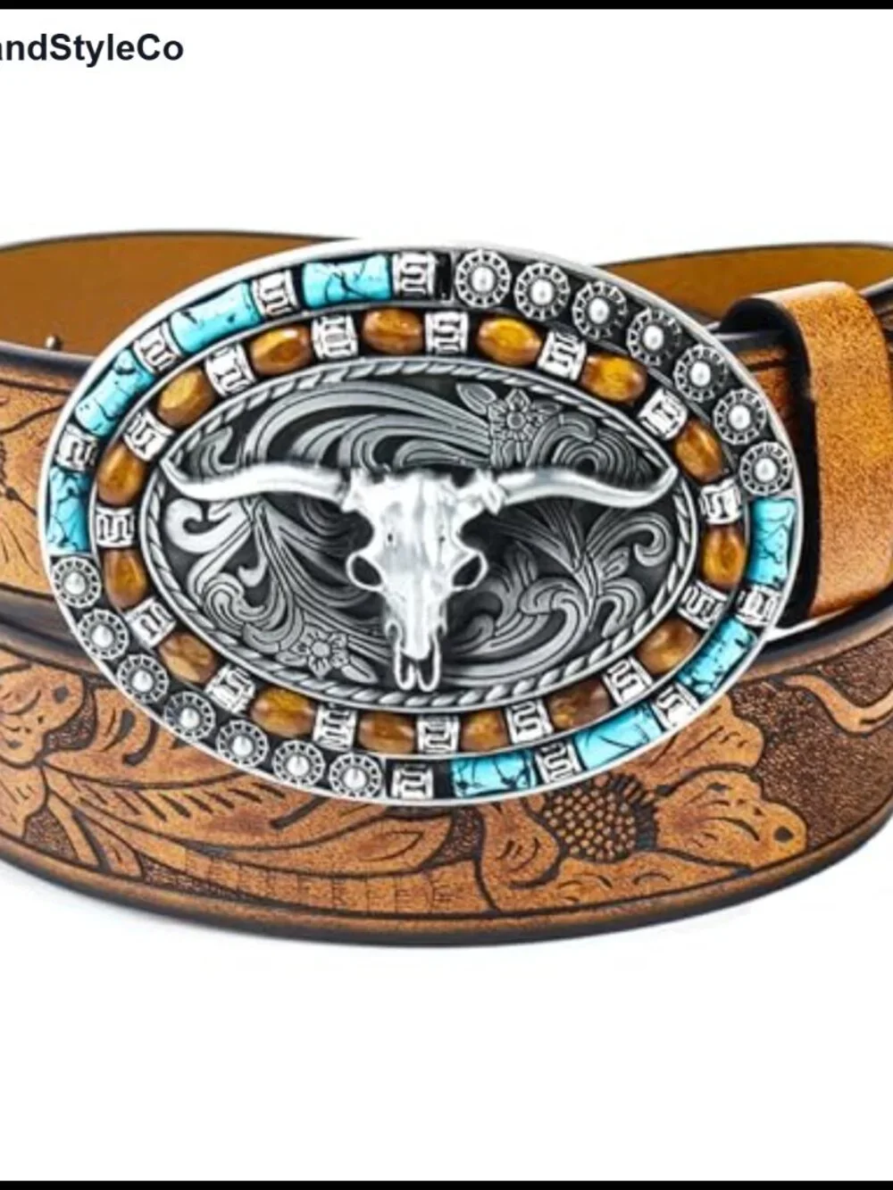 PU Leather Western Cowboy Belt Turquoise Oval Buckle Embossed
